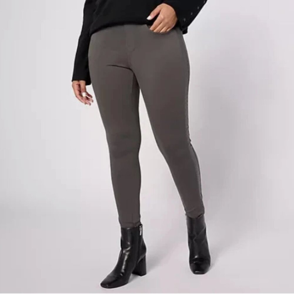 Belle by Kim Gravel Faux Leather Trim Ponte Legging-Dark Gray-Petite 8-A620790